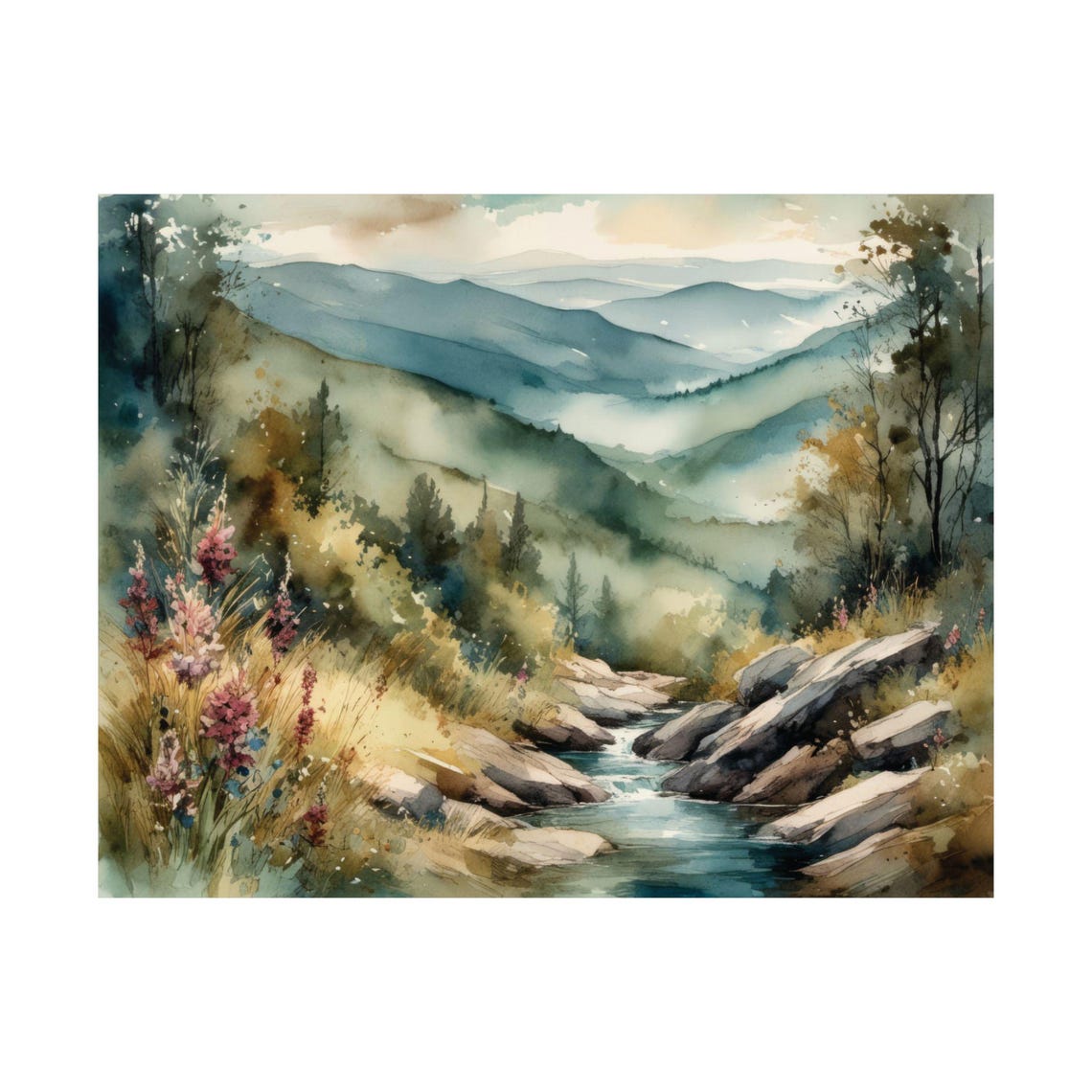 Blue Ridge Mountain Stream Watercolor Wildflowers Rocky Creek Poster