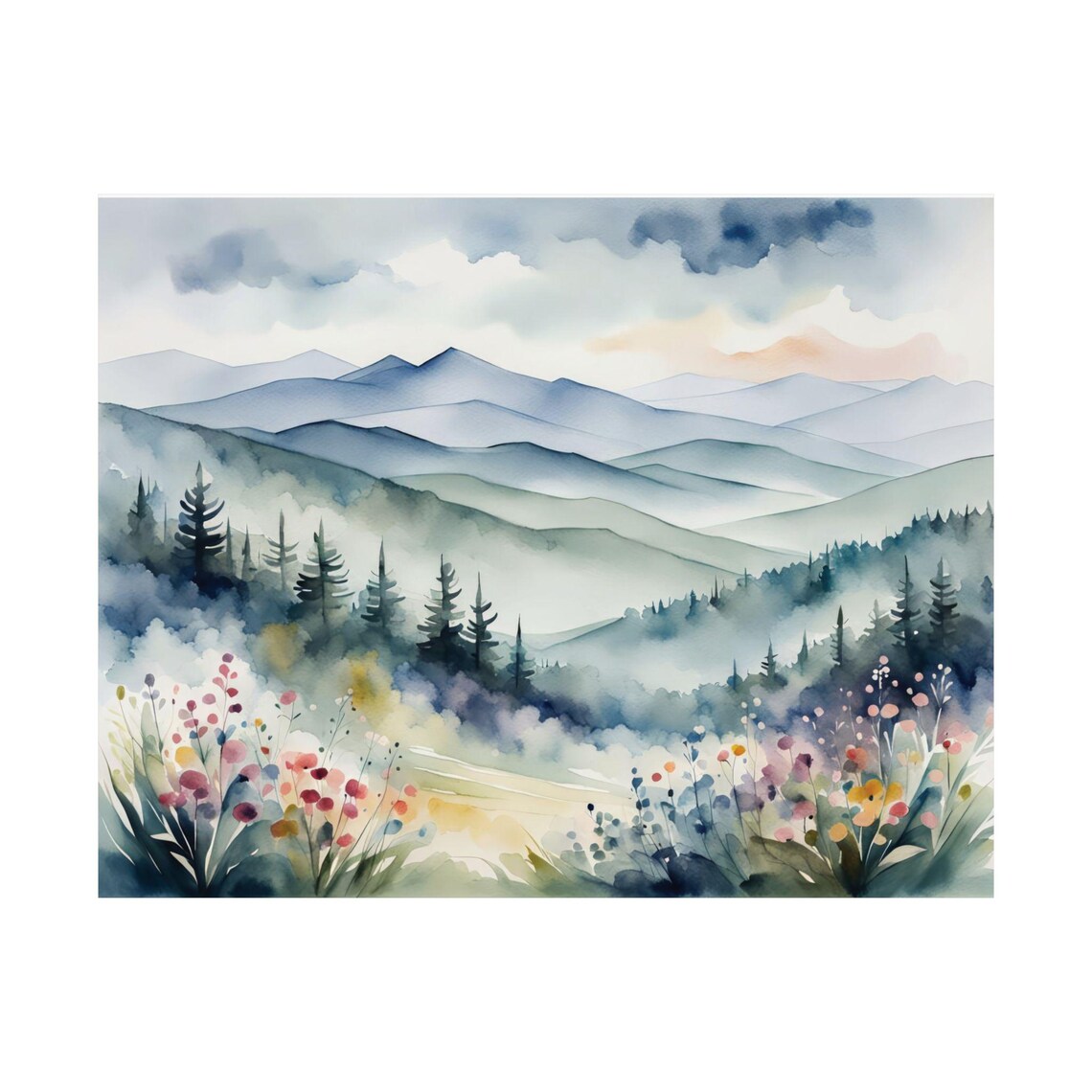 Misty Blue Mountain Ridges Poster Wildflowers Forest And Fog Art