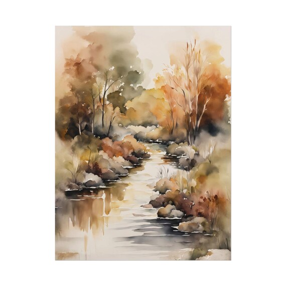Autumn Stream Landscape Large Vertical Poster Rural Country Watercolor Painting Print