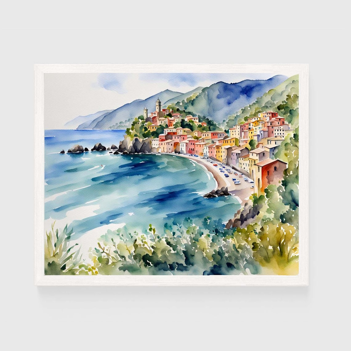 Monterosso Coast Italy Art Print Watercolor Cityscape Painting Colorful Italian Seascape Wall Cinque Terre Vertical Travel Poster