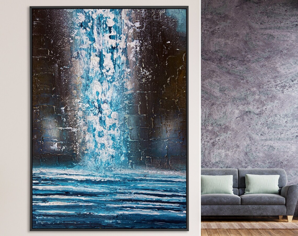 Tall Turquoise Waterfall Blue Sea Dark Rocks Textured Art Poster