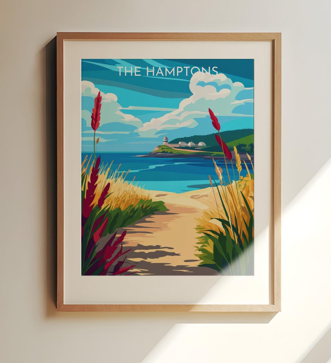 The Hamptons Beach Dunes Lighthouse Vintage Coastal Travel Poster