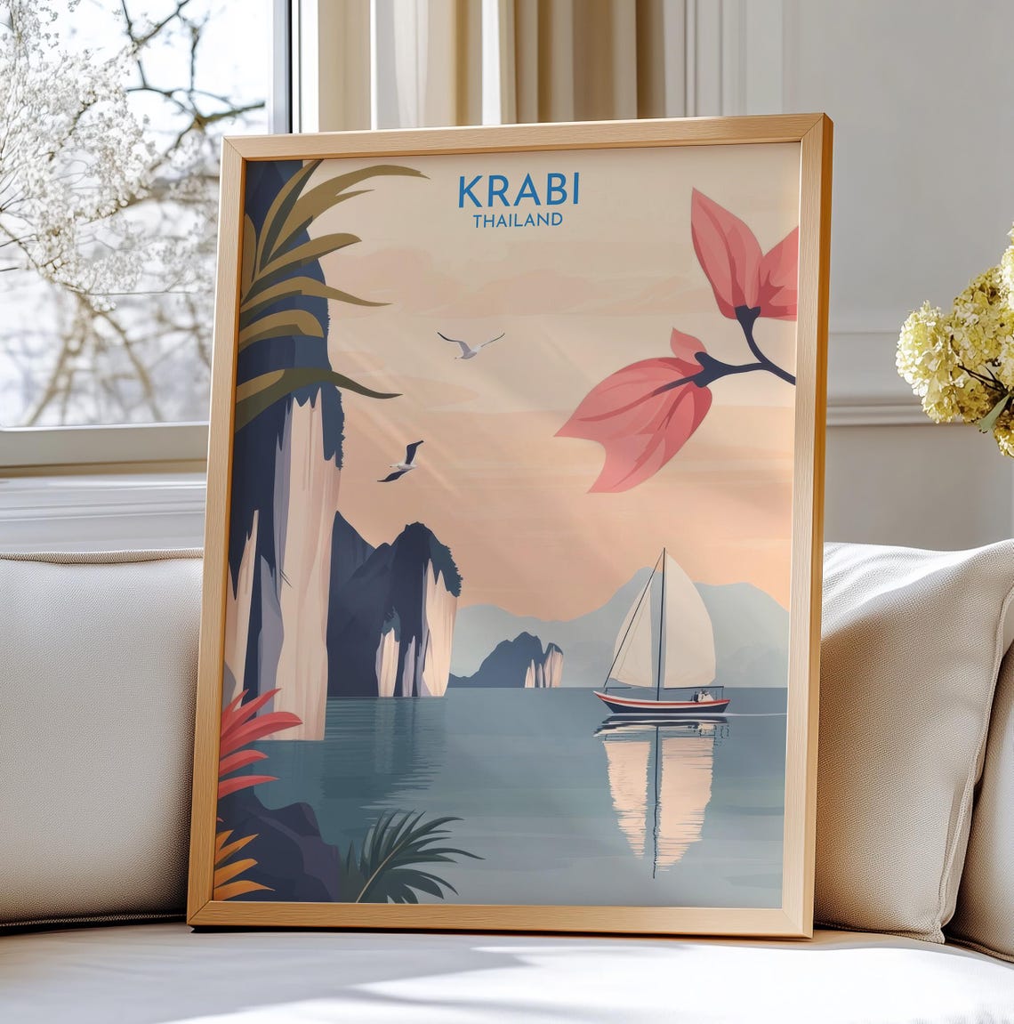 Krabi Thailand Limestone Cliffs Sailboat Retro Travel Poster