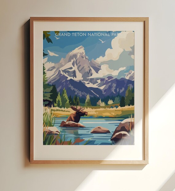 Grand Teton National Park Moose in River Mountain View Poster