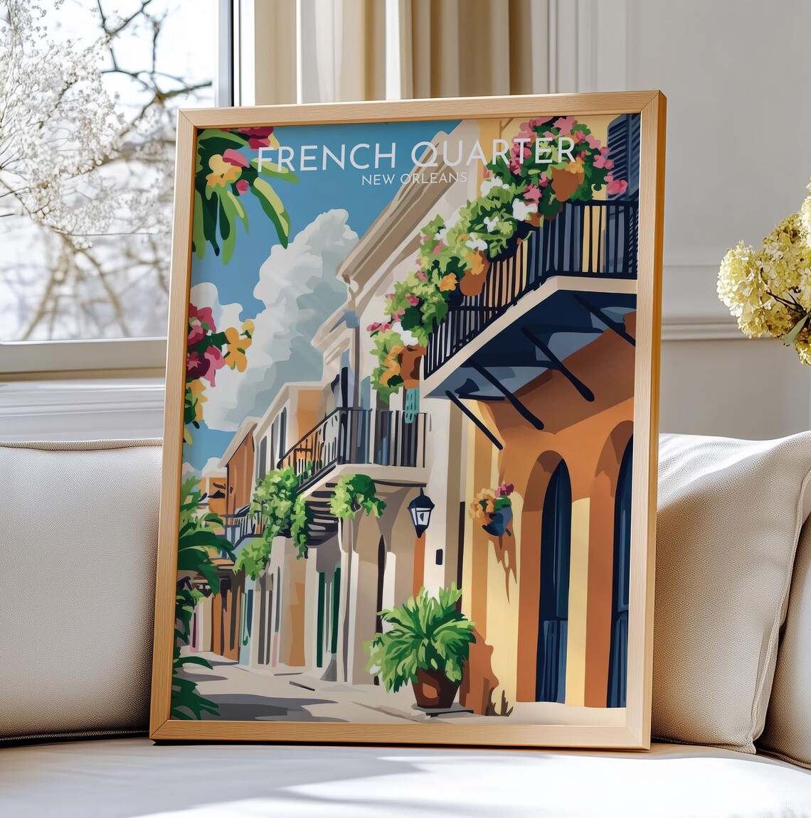 French Quarter New Orleans Balcony Flowers Vintage Travel Poster