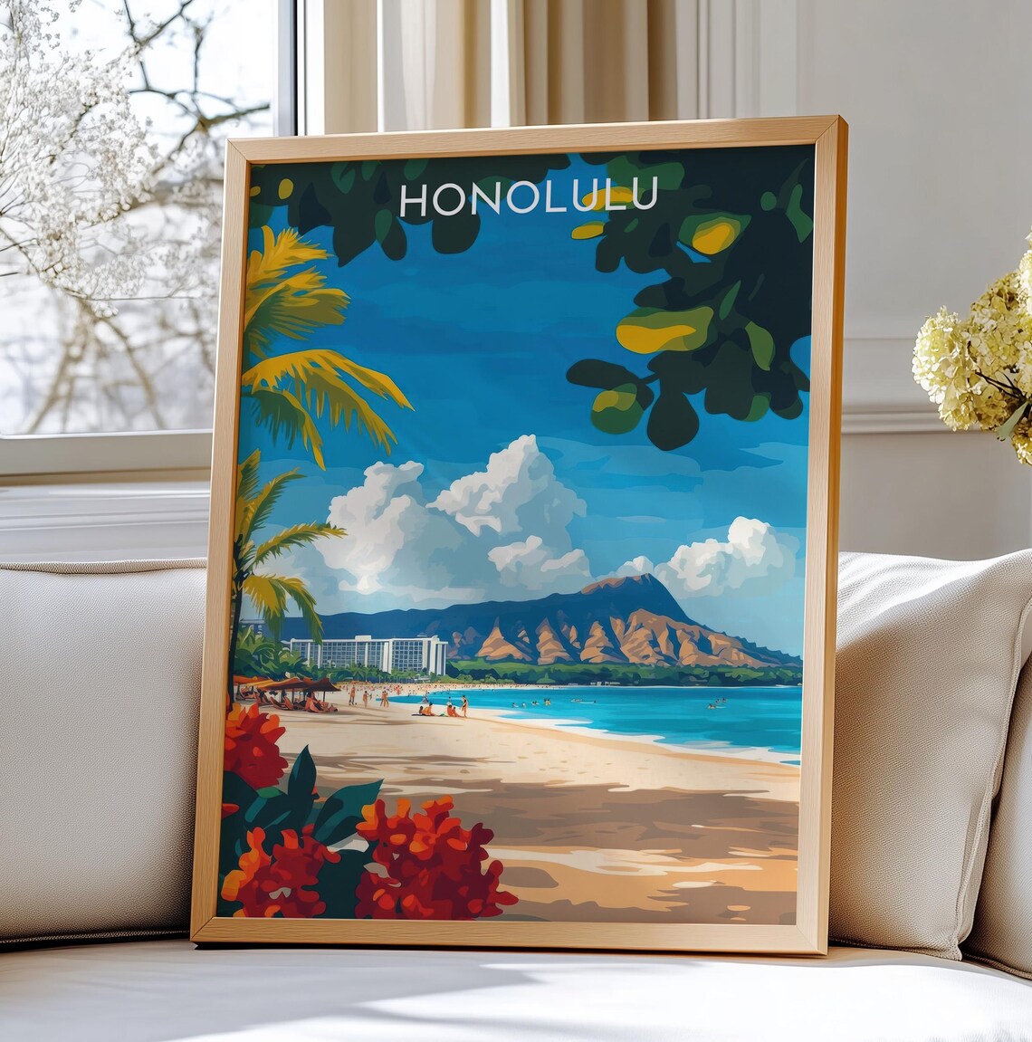 Honolulu Hawaii Waikiki Beach Diamond Head Palm Trees Travel Poster