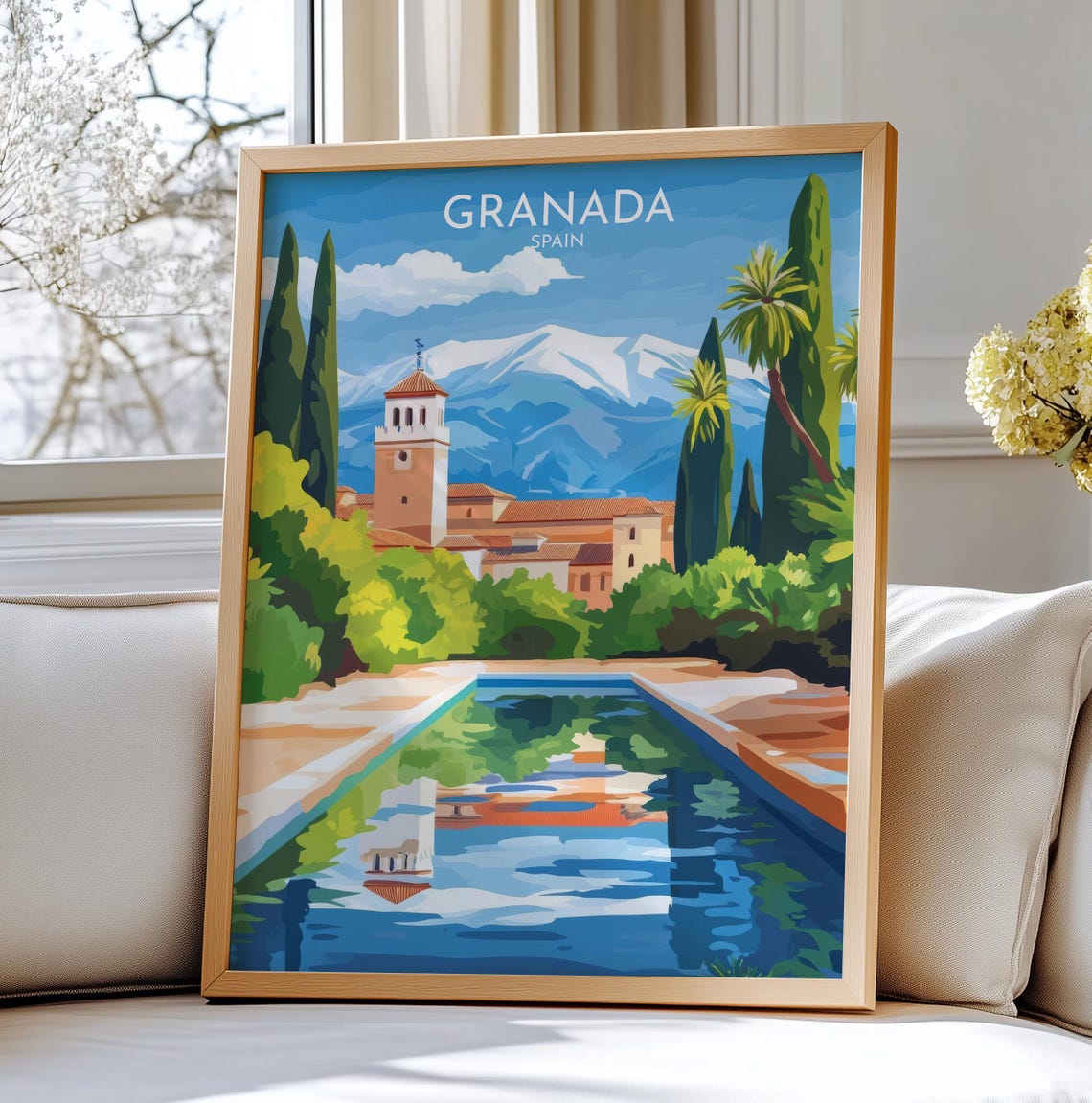 Granada Spain Alhambra Palace Pool Sierra Nevada Travel Poster