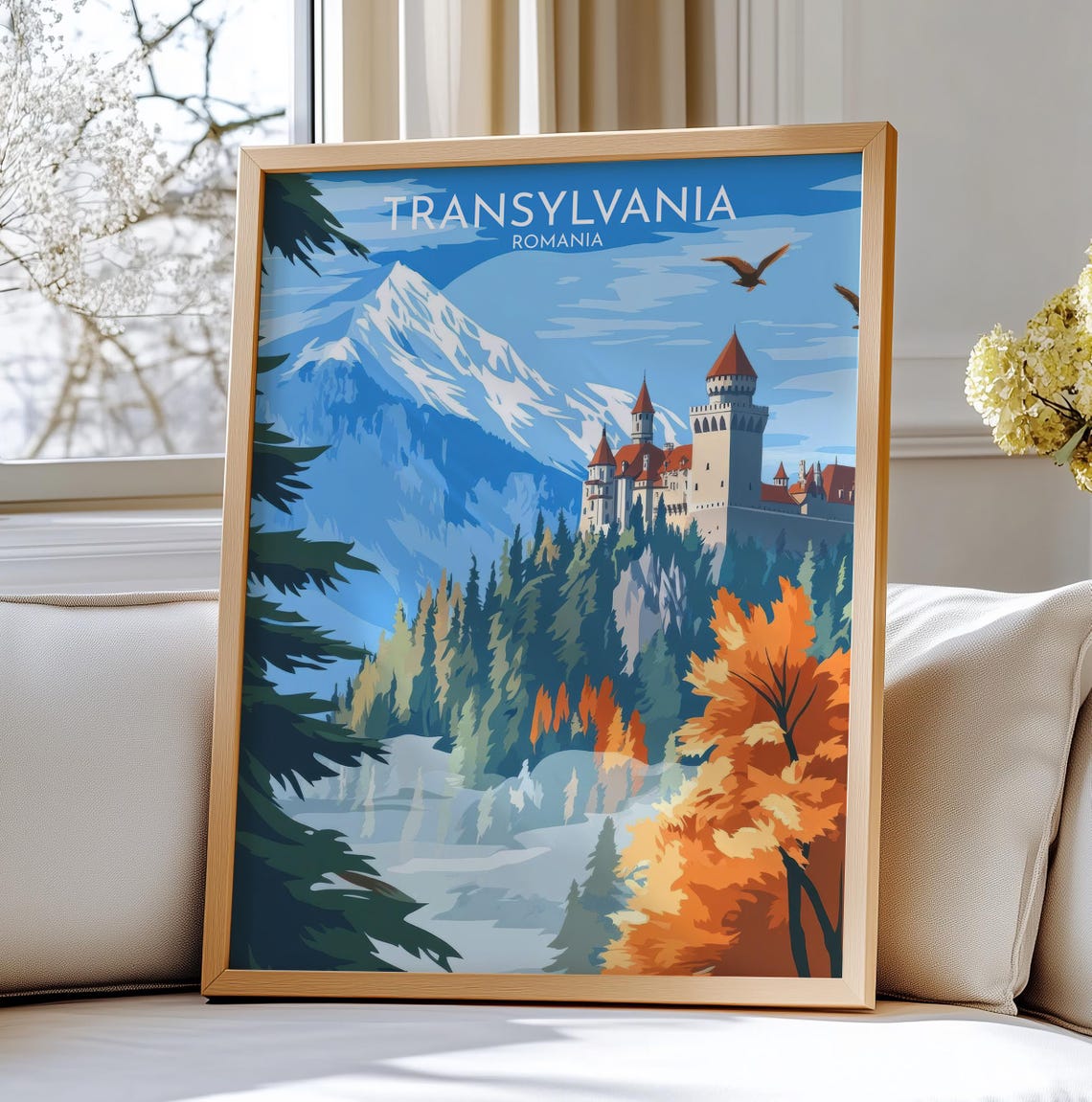 Transylvania Romania Castle Snowy Mountain Vintage Travel Poster