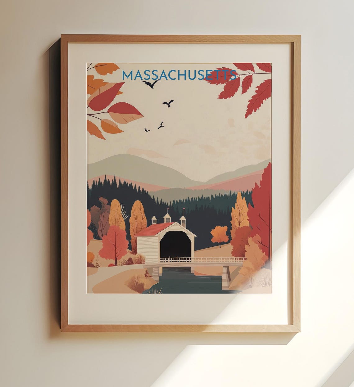Massachusetts Autumn Covered Bridge Fall Foliage Travel Poster