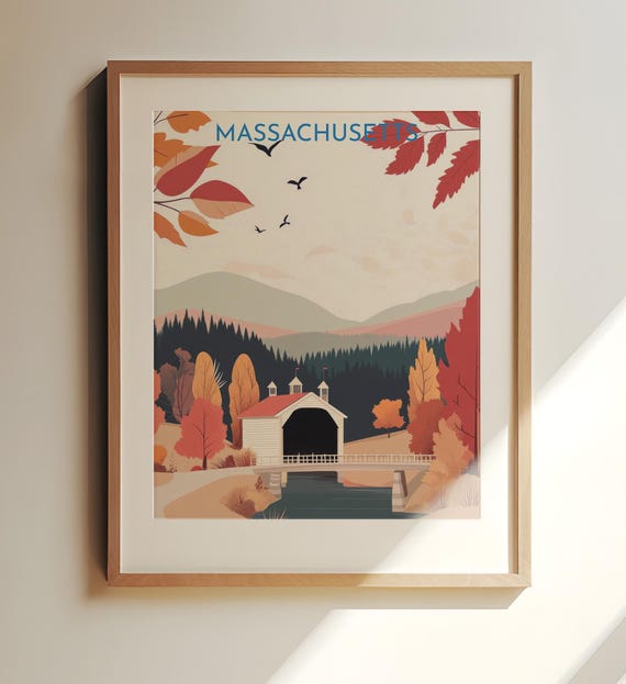 Massachusetts Usa Art Poster Travel Autumn Covered Bridge In Scenic Landscape