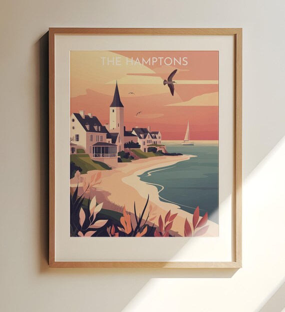 The Hamptons Sunset Beach Church Steeple Travel Poster Home Decor