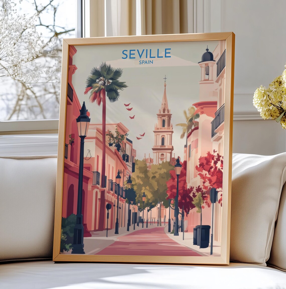 Vibrant Seville Spain Pink Street Church Tower Palm Travel Poster