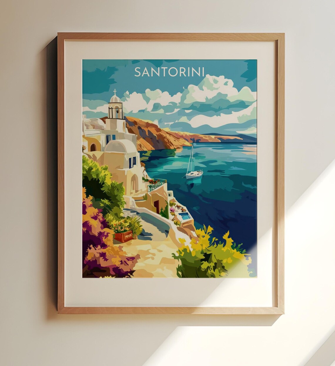 Santorini Greece White Village Aegean Sea Cliffs Vintage Travel Poster