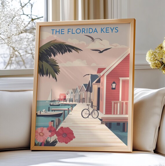 The Florida Keys Stilt Houses Boardwalk Pastel Travel Poster Art
