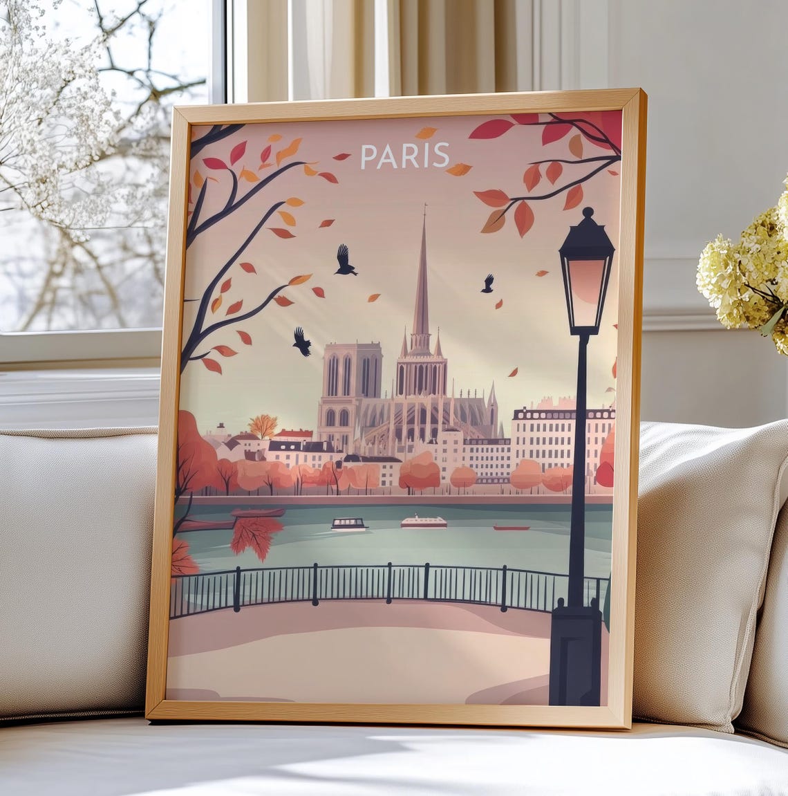 Paris France Wall Print Travel Art Notredame View With Seine In Autumn