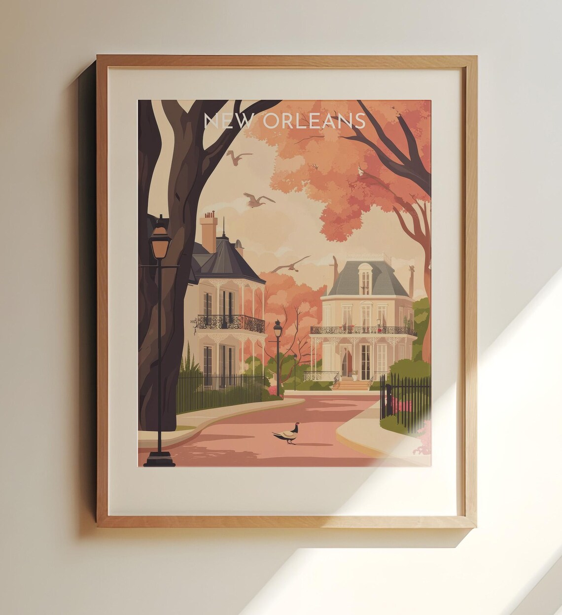 New Orleans Autumn Street Grand Mansions Retro Travel Poster Art
