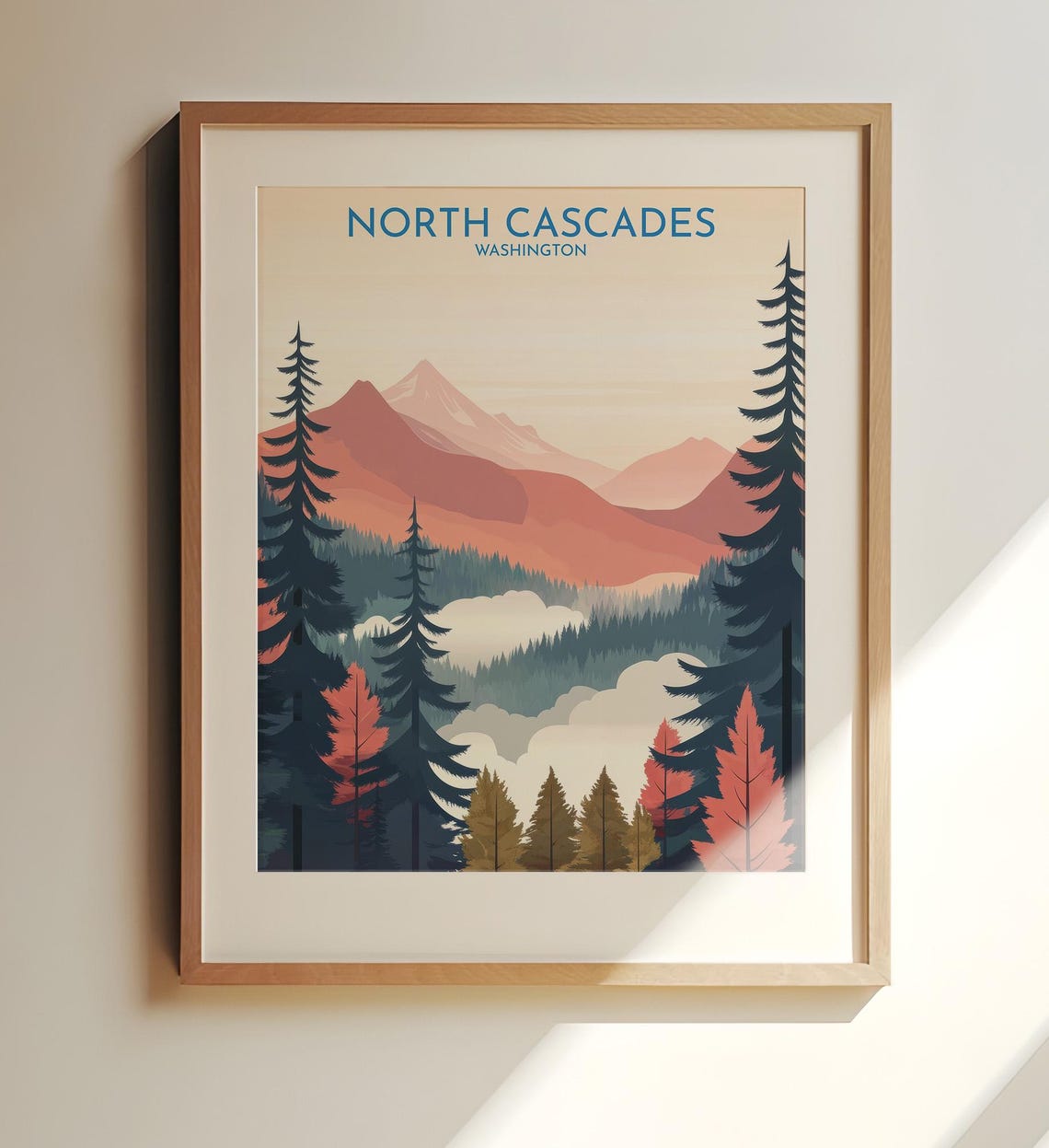 North Cascades Washington Travel Poster Sunset Mountains Pine Forest