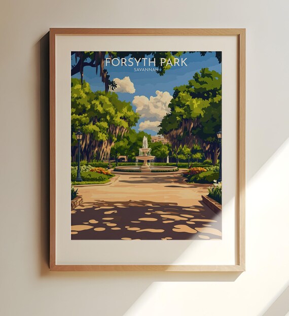 Forsyth Park Savannah Fountain Oak Trees Travel Illustration Poster