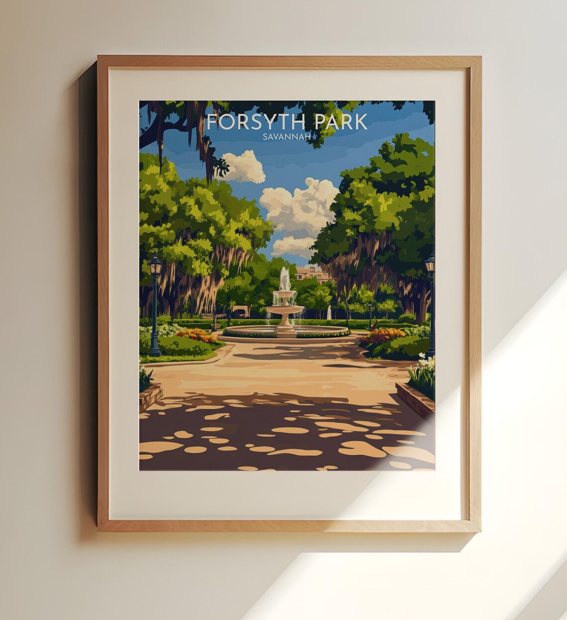 Forsyth Park Savannah Fountain Oak Trees Travel Illustration Poster