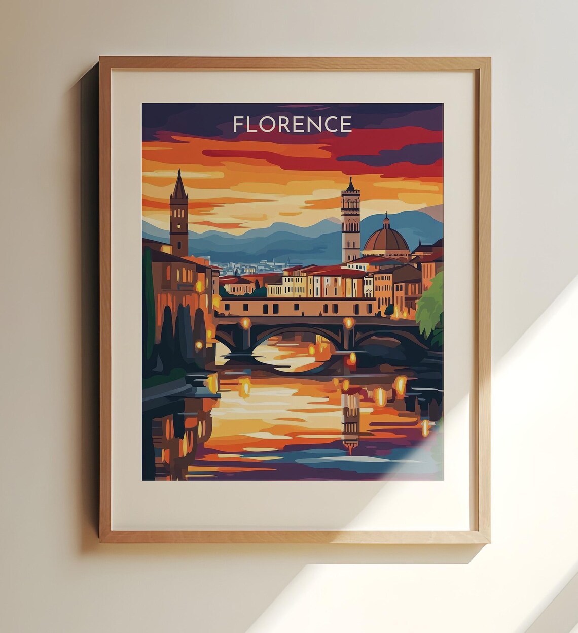 Florence Italy Sunset Duomo Ponte Vecchio Arno Travel Poster