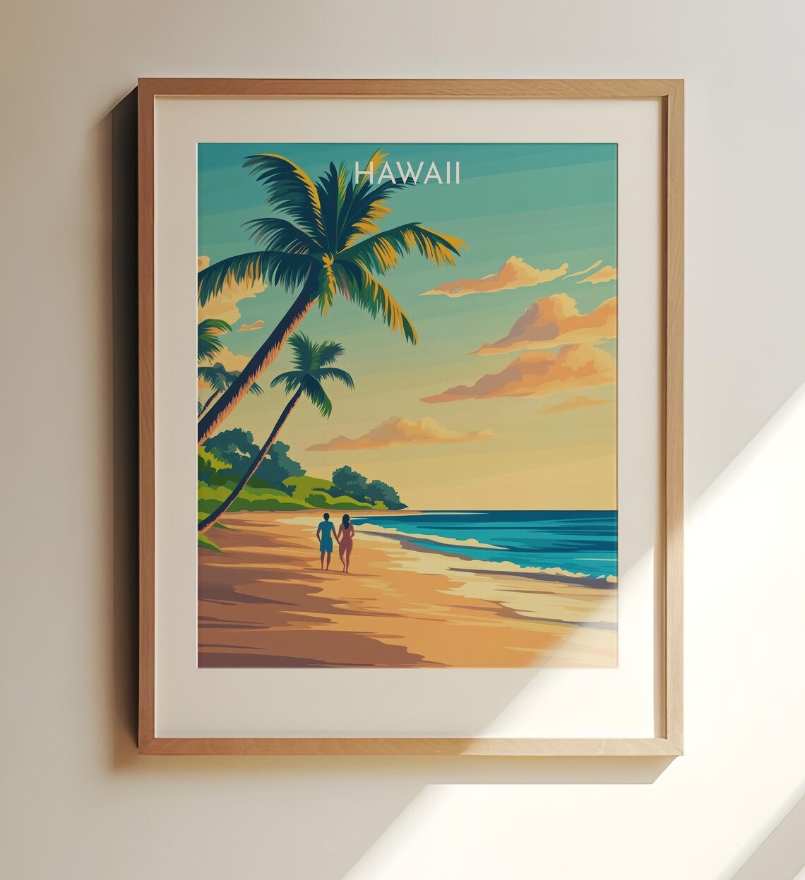 Hawaii Beach Sunset Couple Palm Trees Ocean Travel Art Poster