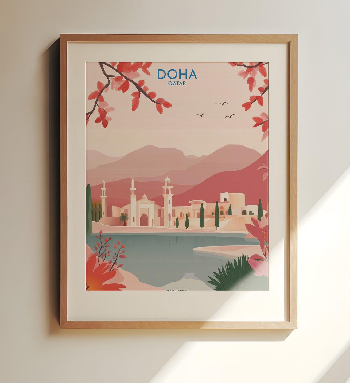 Doha Qatar Mosque Lagoon Pink Mountains Vintage Travel Poster