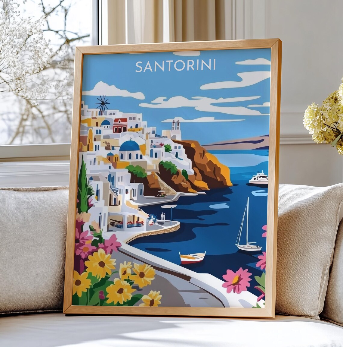 Santorini Greece Cliffside Village Boats Aegean Sea Travel Poster