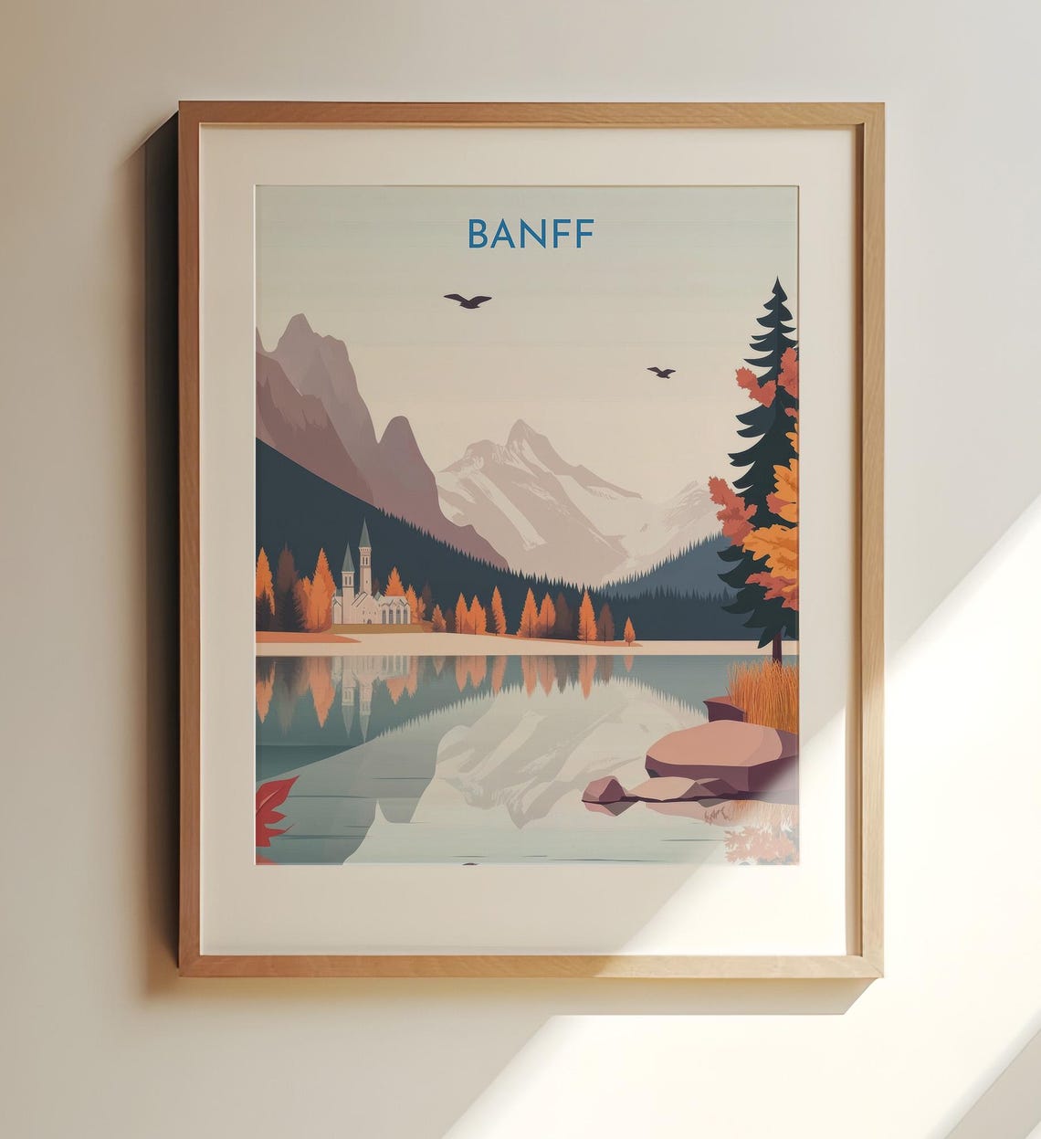 Banff Autumn Mountain Lake Church Reflection Vintage Travel Poster