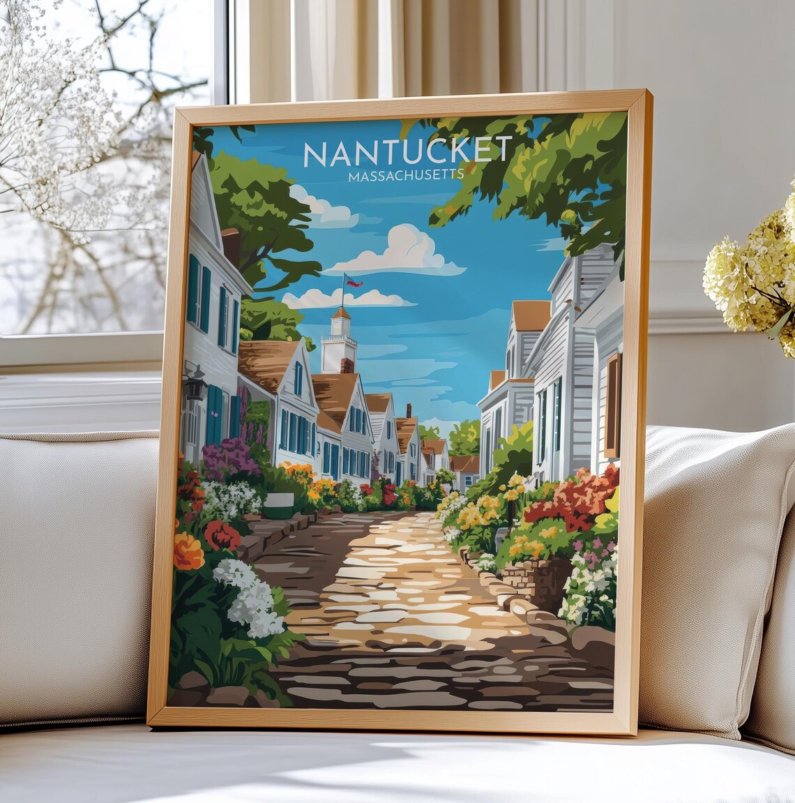 Nantucket Massachusetts Cobblestone Street Vintage Travel Poster