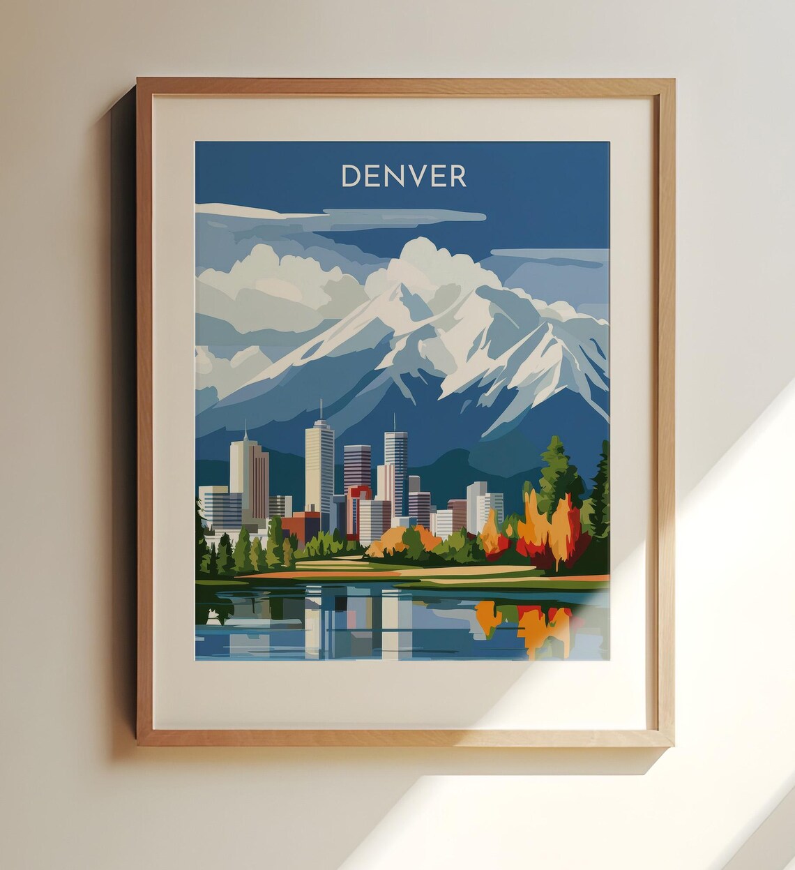 Denver Colorado Travel Art Poster Skyline And Rocky Mountains Scenic
