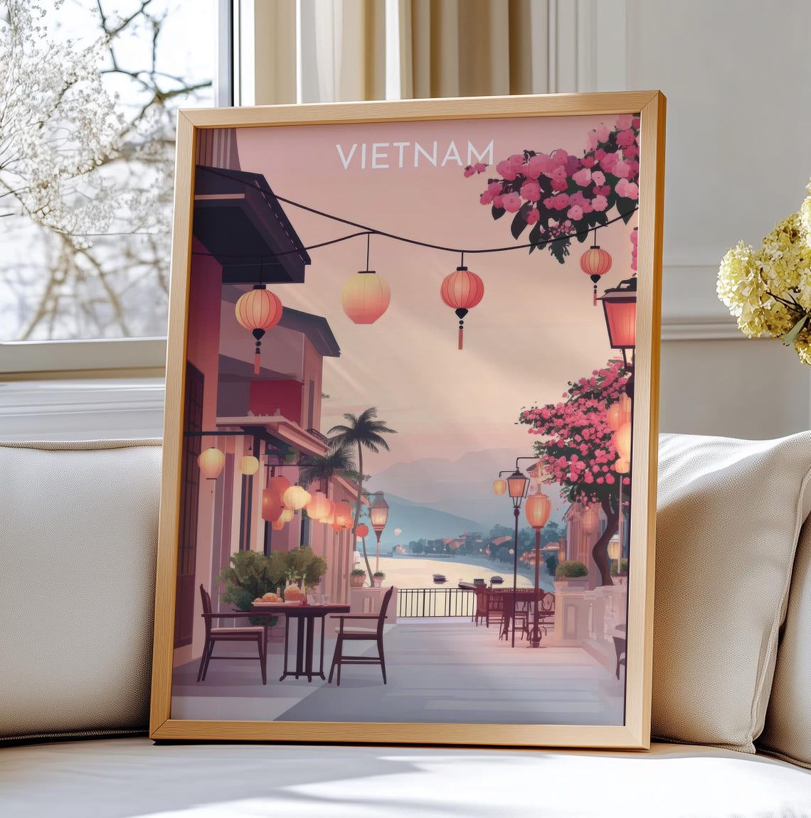 Vietnam Lantern Lit Street Harbor Balcony Vintage Style Travel Poster