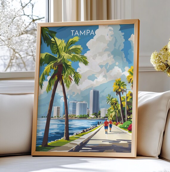 Tampa Florida Travel Art Wall Vibrant Skyline And Palm Trees Print