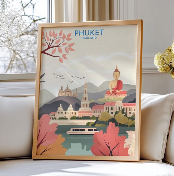 Phuket Thailand Travel Poster Art Scenic View With Big Buddha And Temple Landscape