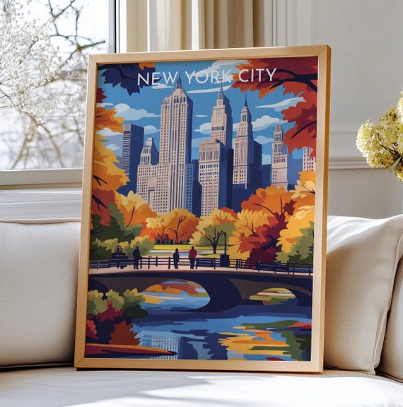 New York City Usa Art Poster Travel Central Park In Autumn With Skyscrapers
