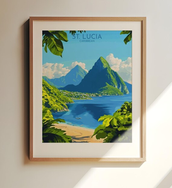 St Lucia Caribbean Pitons Bay Beach Vintage Travel Art Poster