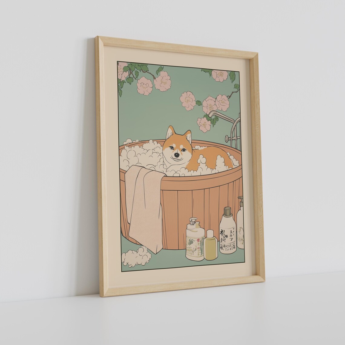 Shiba Inu Bath Time in Wooden Tub With Cherry Blossoms Poster - Image 2