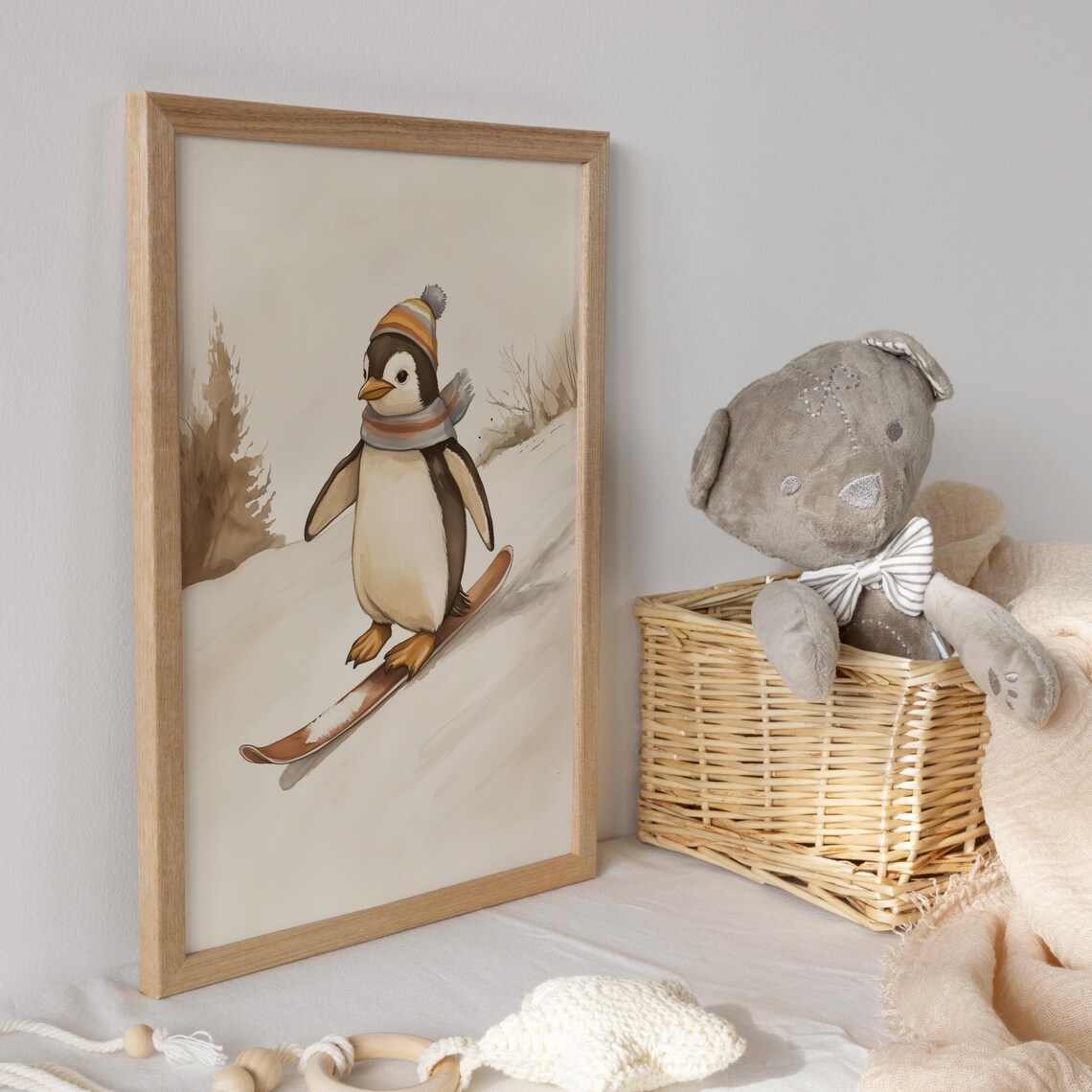 Penguin Skiing Downhill in a Striped Beanie Winter Funny Poster - Image 3
