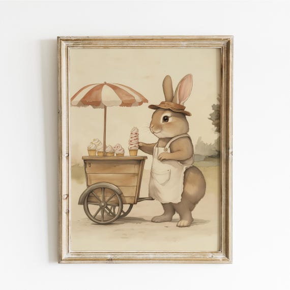 Bunny Selling Ice Cream Print Nursery Decor Animal Nursery Art Gender Neutral Nursery Playroom Decor Kids Room Art Baby Room Decor