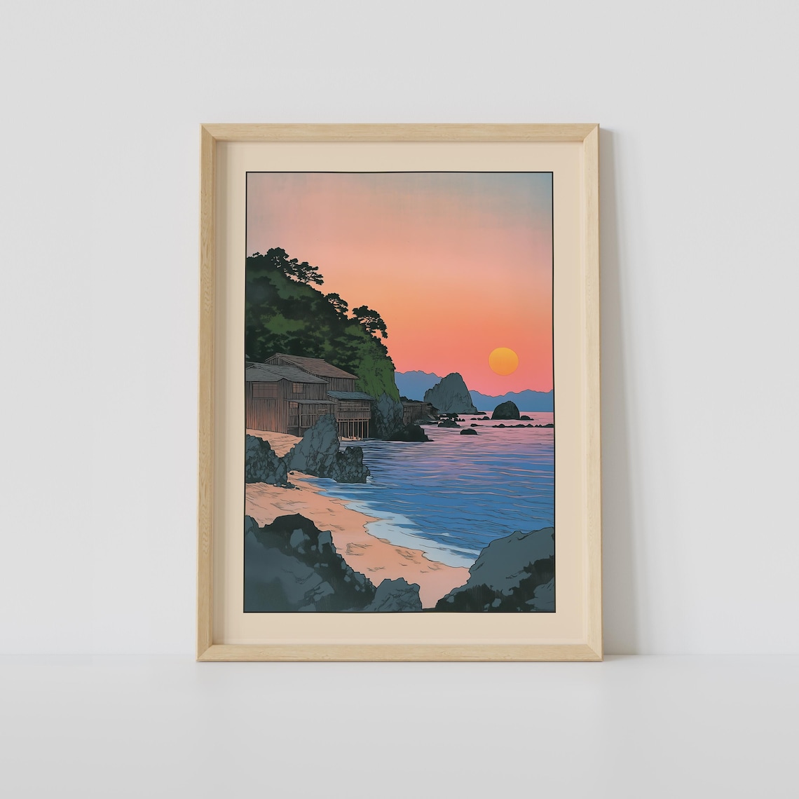 Japanese Coastline Sunset With Fishing Houses Woodblock Art Print
