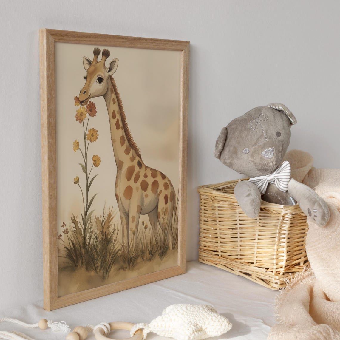 Giraffe Sniffing Orange Blossoms in a Golden Field Nursery Poster - Image 3