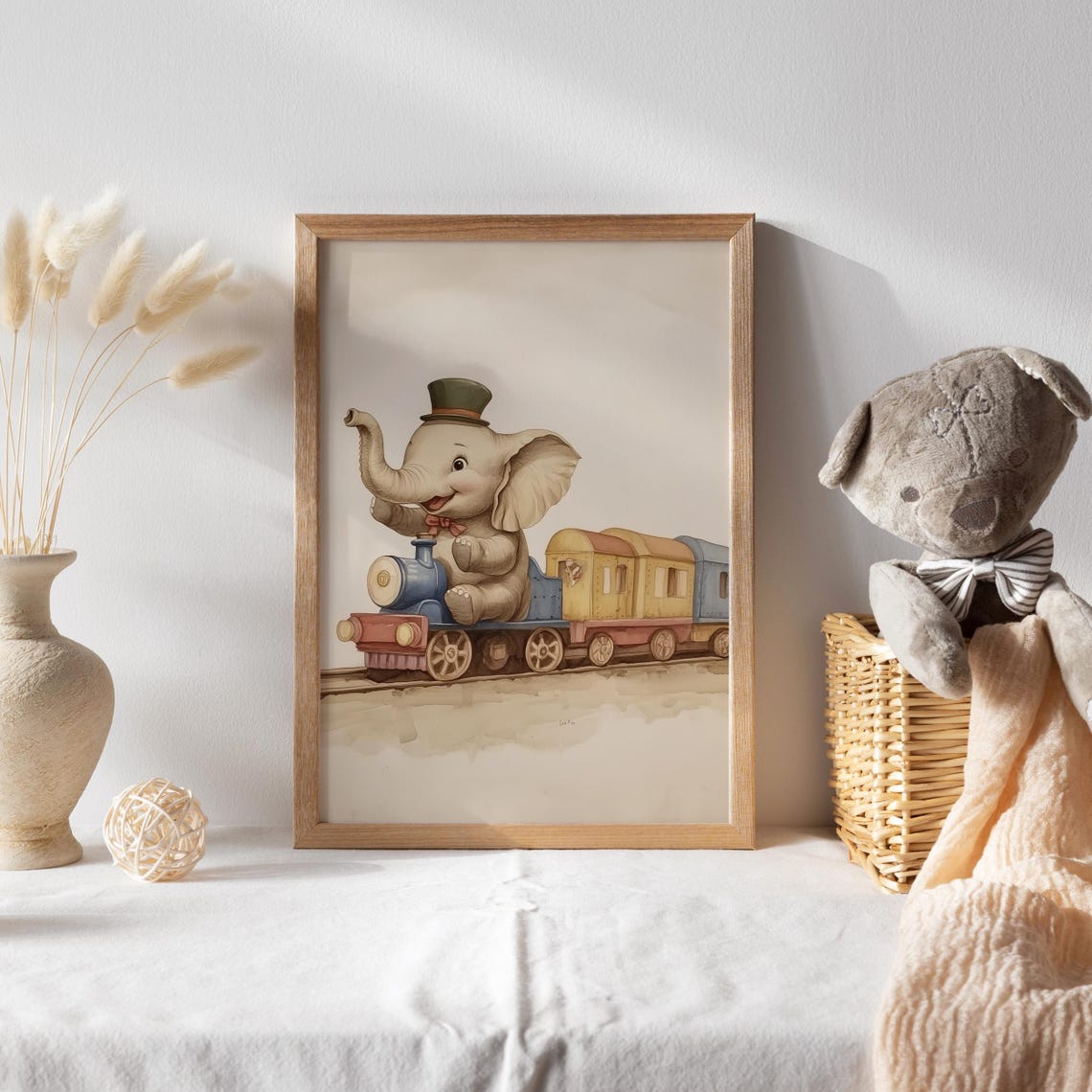 Baby Elephant in Top Hat Riding Colorful Toy Train Waving Poster - Image 2
