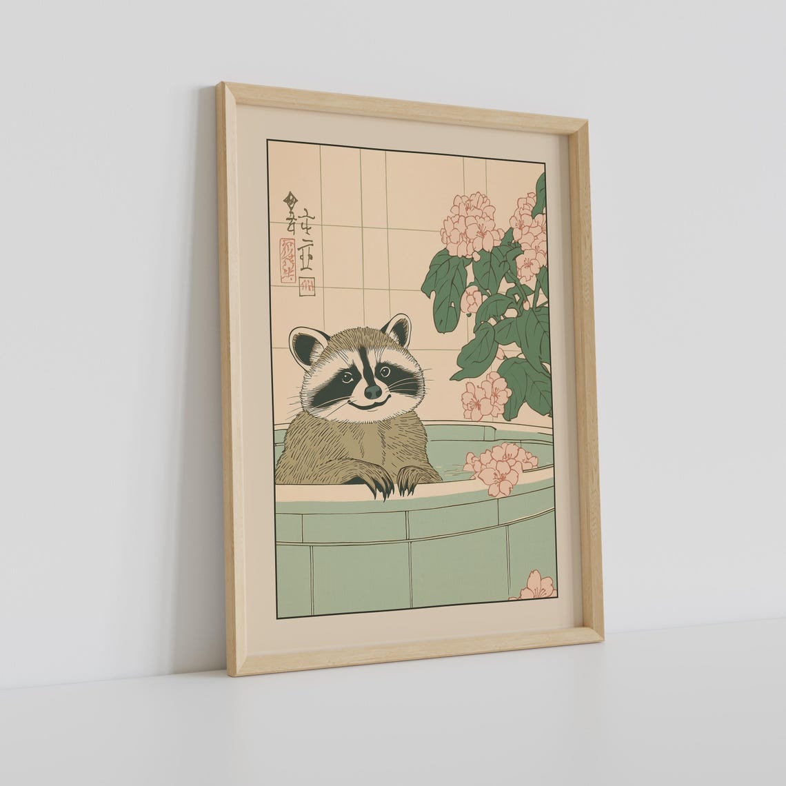 Raccoon Relaxing in Japanese Bathtub With Pink Hydrangeas Poster - Image 2