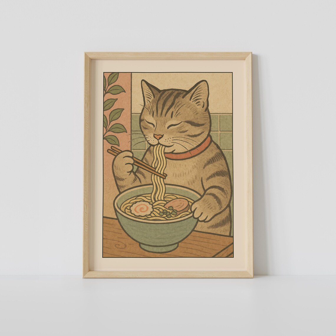 Tabby Cat Eating Ramen Noodles With Chopsticks Japanese Art Poster