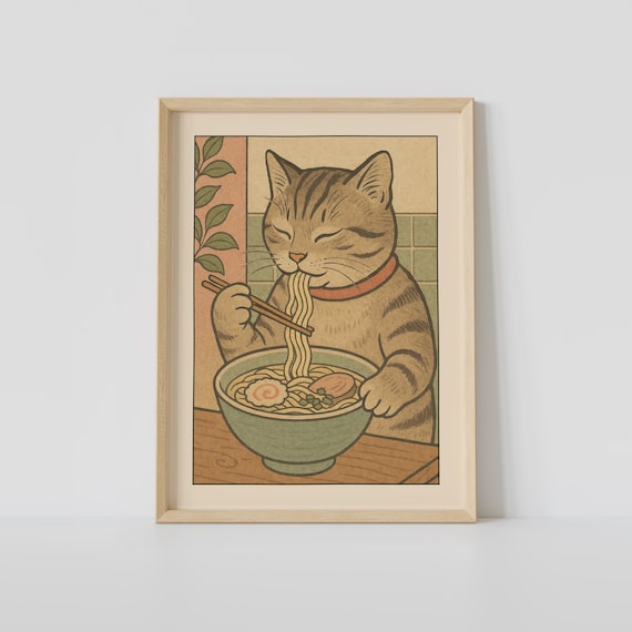 Tabby Cat Eating Ramen Noodles With Chopsticks Japanese Art Poster