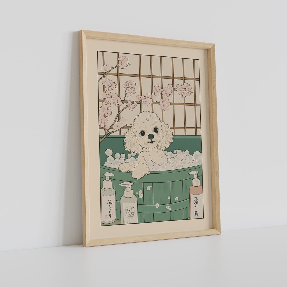 White Toy Poodle in a Bubble Bath Tub Under Cherry Blossoms Poster - Image 2