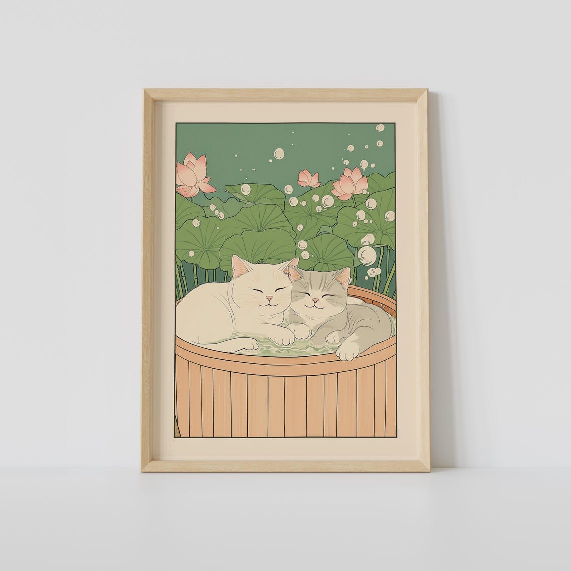 Two Cats in a Bathtub Japandi Poster Print
