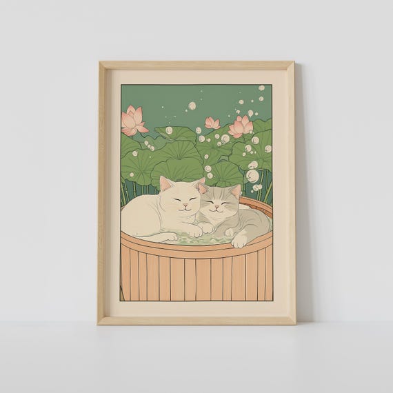 Two Cats in a Bathtub Japandi Poster Print