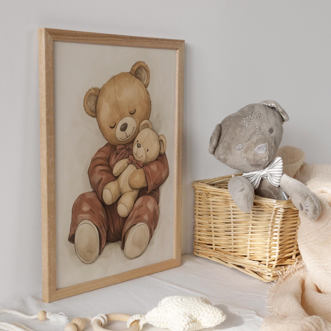 Sleeping Teddy Bear in Pajamas Hugging a Toy Bear Nursery Poster - Image 3