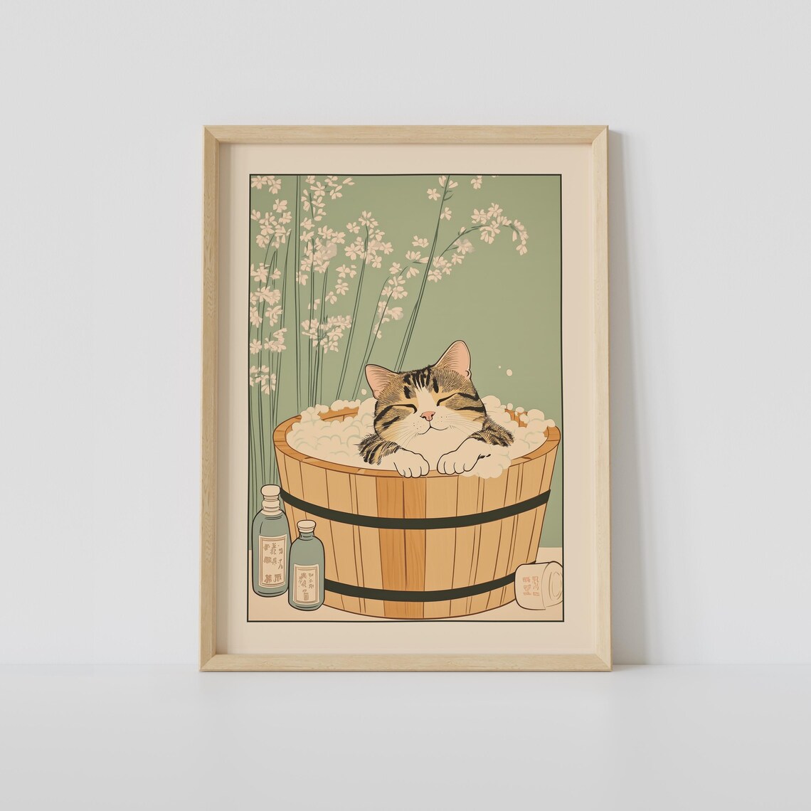 Tabby Cat In A Bathtub, Japandi Japanese Art Print