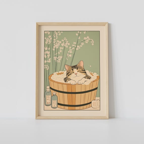 Tabby Cat In A Bathtub, Japandi Japanese Art Print